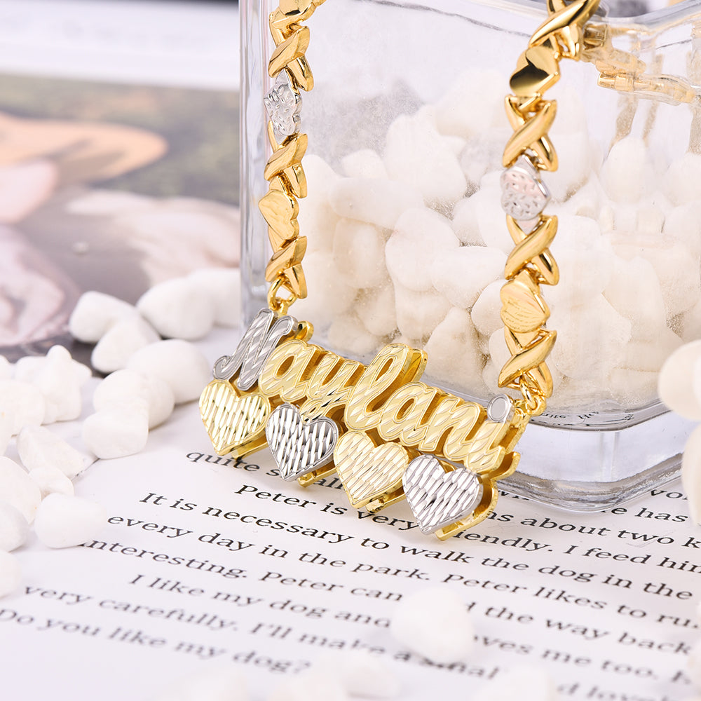 Double Layer Two Tone Four Hearts Nameplate XOXO Chain Personalized Custom Gold Plated Name Necklace-silviax
