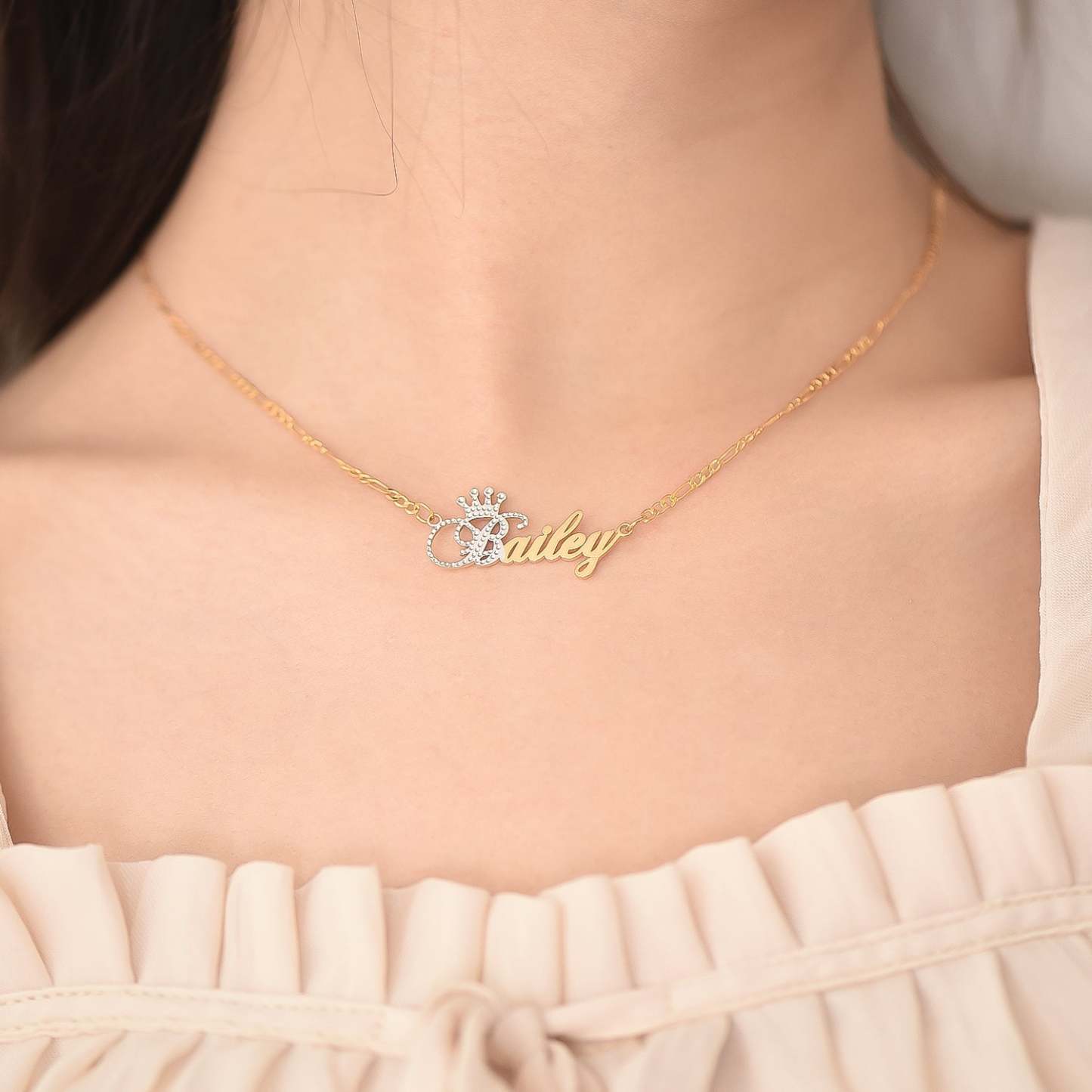 Two Tone Gold Plated Personalized Name Necklace with Crown-silviax