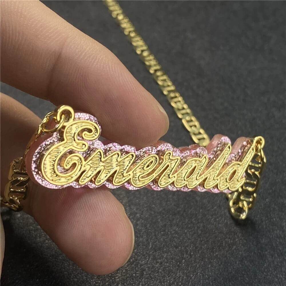Double Layer Nameplate With Pink Acrylic Base Personalized Custom Gold Plated Name Necklace