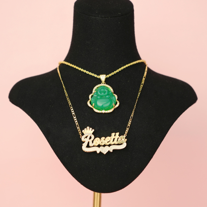 Personalized Jewelry Set Smile Maitreya Buddha Pendant and Crown Heart Name Necklace-silviax