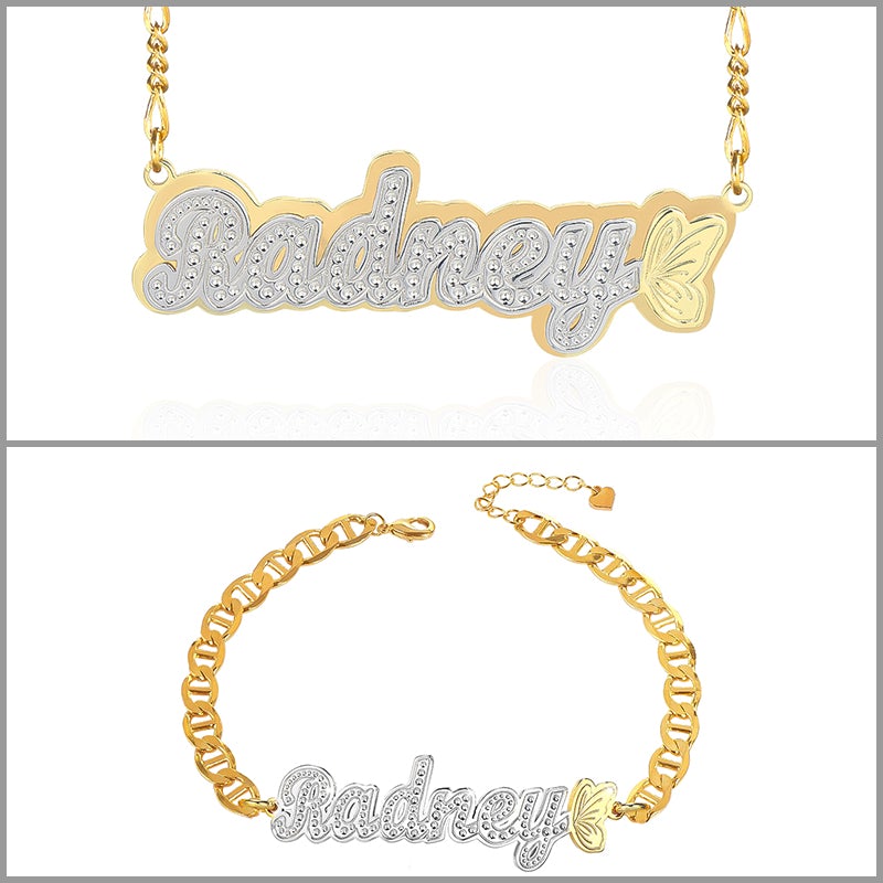 Two Tone Butterfly Custom Name Bracelet and Double Plate Necklace Gold Plated Set-silviax