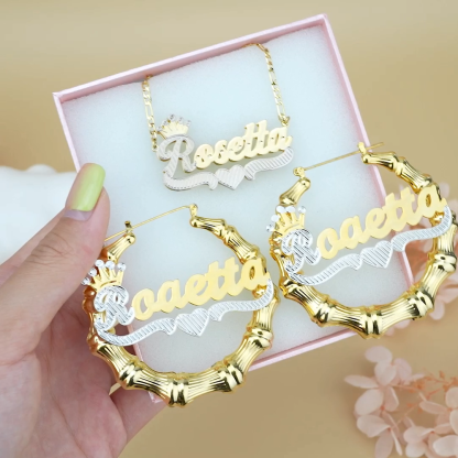 Crown Two Tone Personalized Custom Gold Plated Name Bamboo Hoop Earrings And Double Layer Name Necklace Set