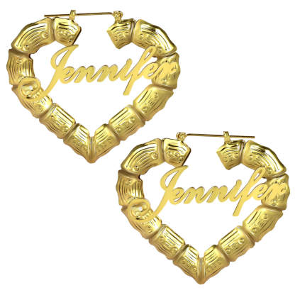 Gold Plated Personalized Heart Bamboo Name Earrings-silviax