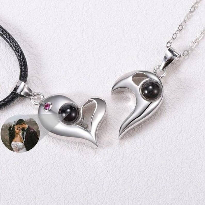 Heart Couple Color Photo Projection With Birthstone White Gold  Personalized Custom Photo Necklace Set-silviax