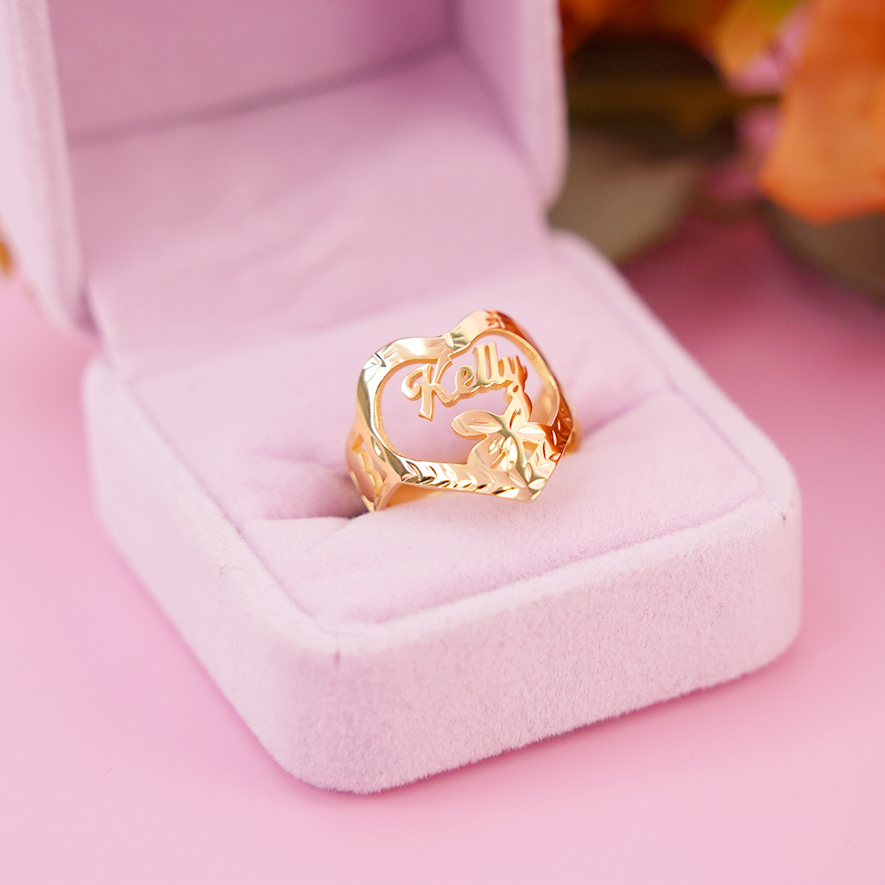 Heart Shaped Flower Engraved Gold Plated Personalized Custom Name Ring-silviax