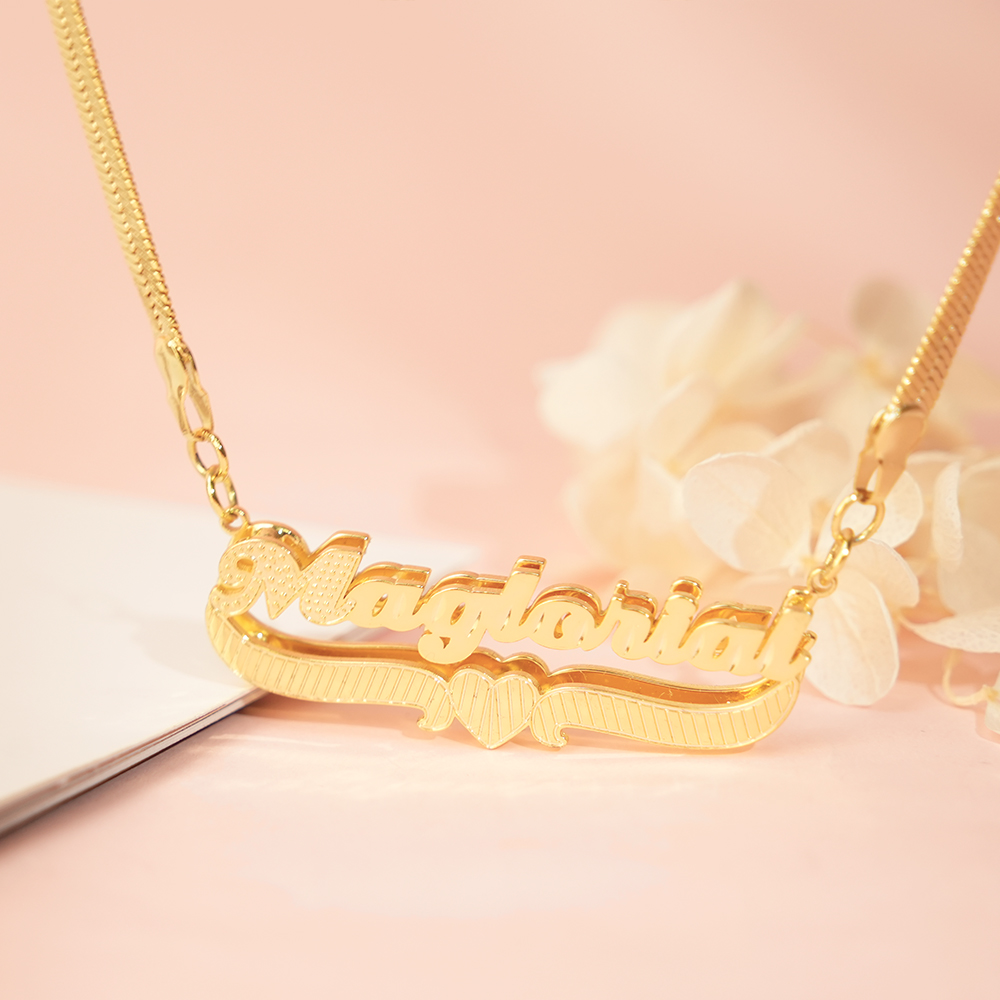 Double Layer Nameplate With Heart Pendant Personalized Custom Gold Plated Name Necklace Snake Chain