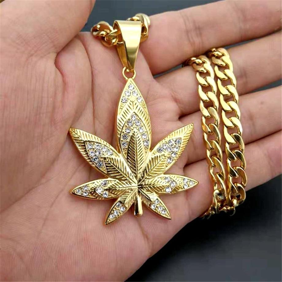 Hemp Leaf Pendant Necklace with Rhinestones Gold Plated Jewelry Gift for Men Dad-silviax