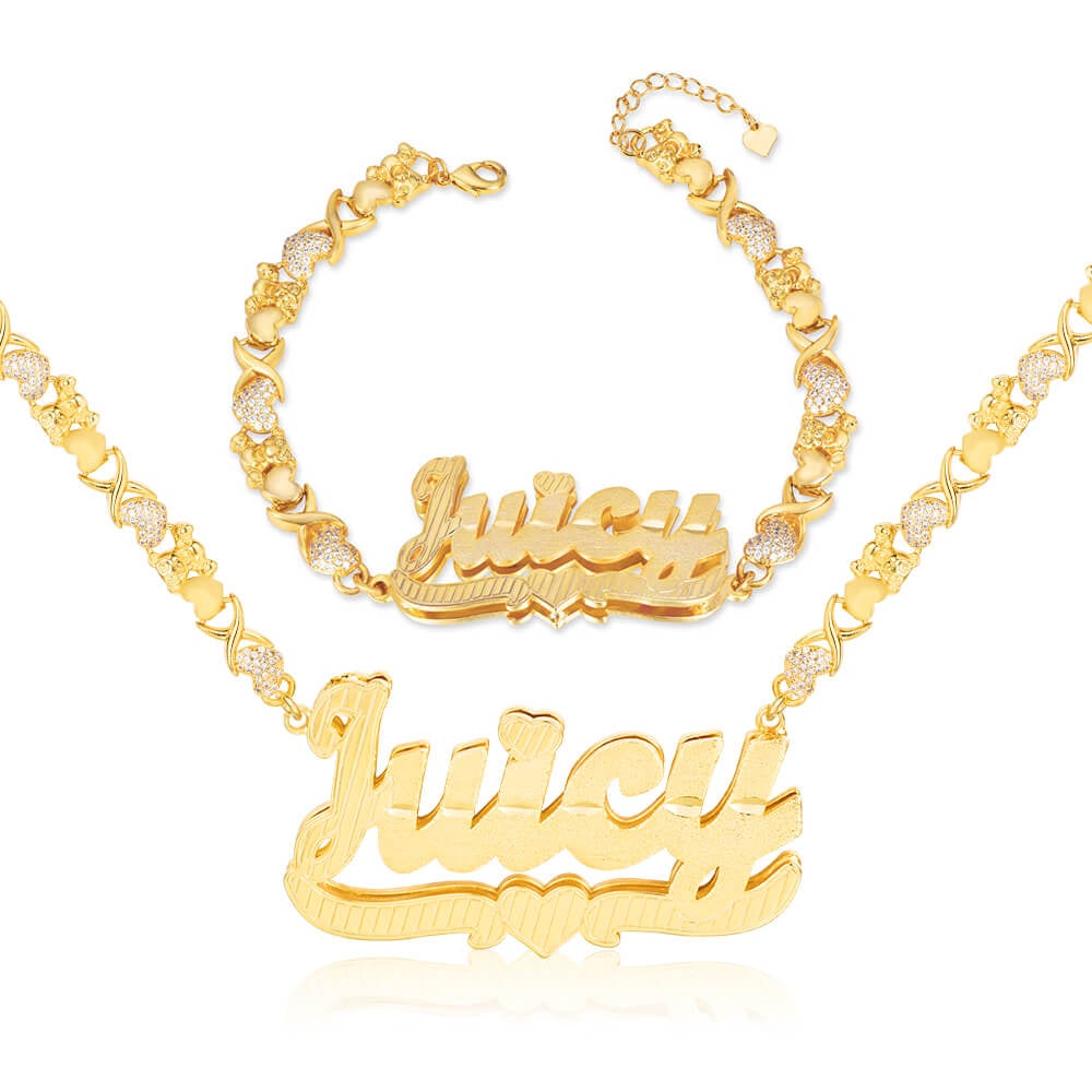 Teddy XOXO Chain Double Layer Heart Personalized Custom Gold Plated Name Necklace and Bracelet Set-silviax