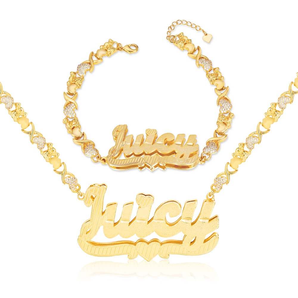 Teddy XOXO Chain Double Layer Heart Personalized Custom Gold Plated Name Necklace and Bracelet Set-silviax