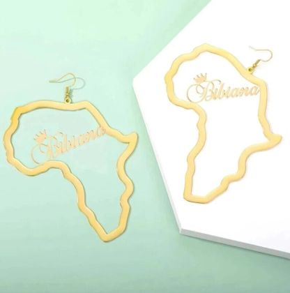 Punk African Map Personalized Custom Nameplate with Crown Name Earrings Women Earrings Gold Plated -silviax