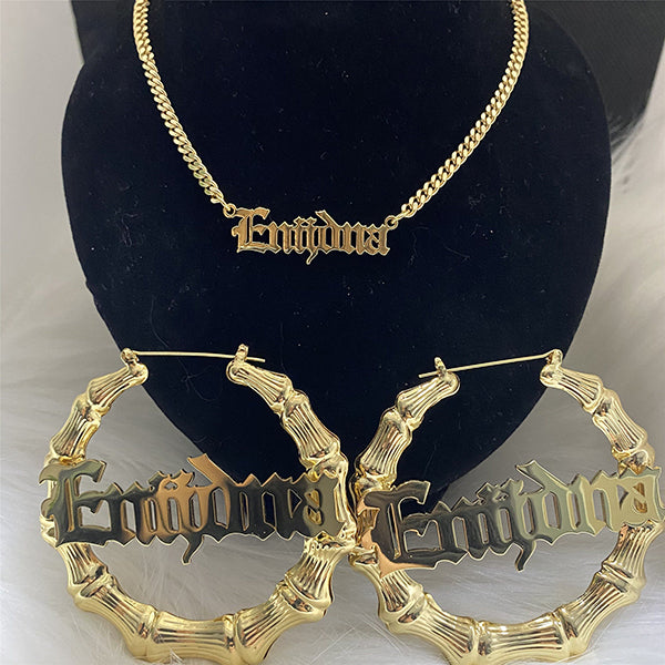Old English Style Jewelry Set Personalized Name Necklace Bamboo Earrings Set-silviax