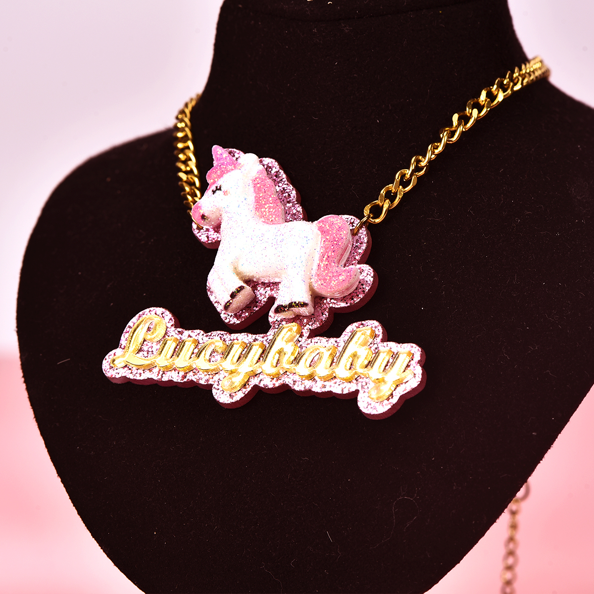 Happy Unicorn Acrylic Personalized Gold Plated Name Necklace-silviax
