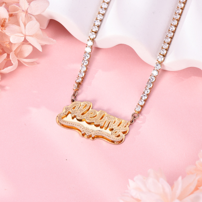 Double Plate Nameplate Heart with Tennis Chain Personalized Custom Gold Plated Name Necklace-silviax
