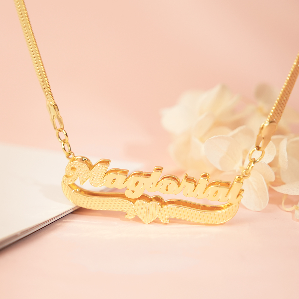Snake Chain Double Layer Heart Nameplate Pendant Personalized Custom Gold Plated Name Necklace -silviax