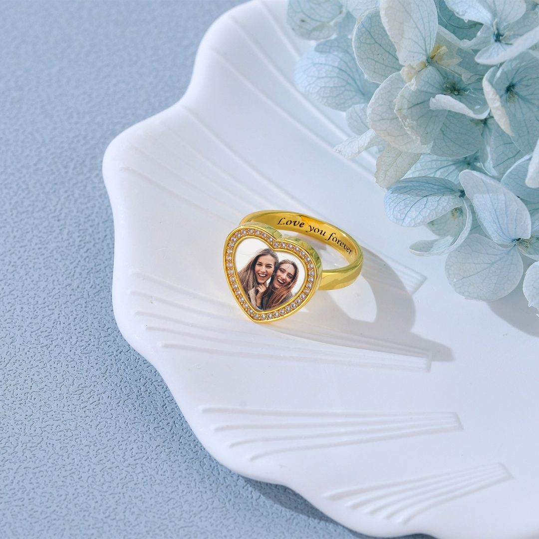 Heart Shaped Photo Gold Plated Personalized Custom Engraved Ring Coupl