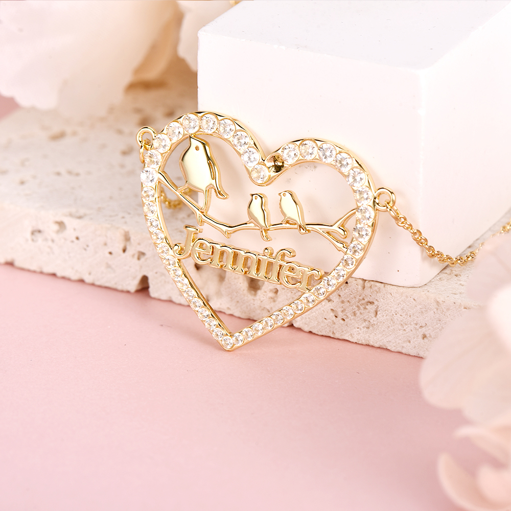 Love Birds Heart Nameplate Pendant Personalized Custom Gold Plated Name Necklace-silviax