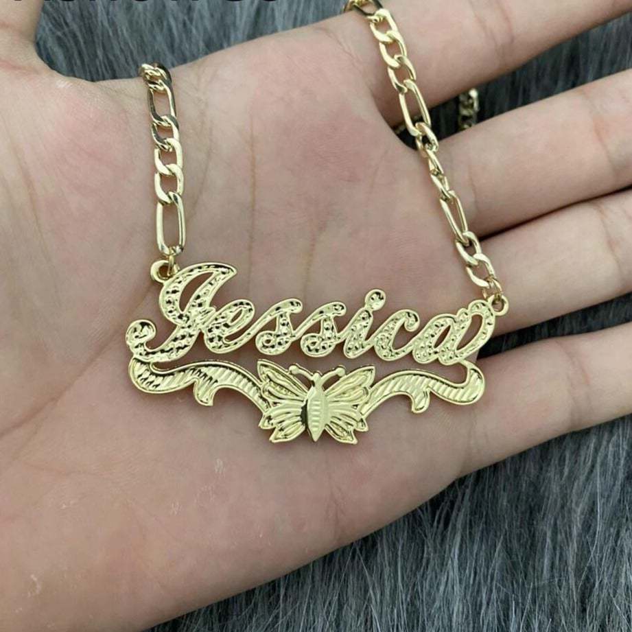 Double Layer Butterfly Nameplate Pendant Personalized Custom Gold Plated Name Necklace-silviax