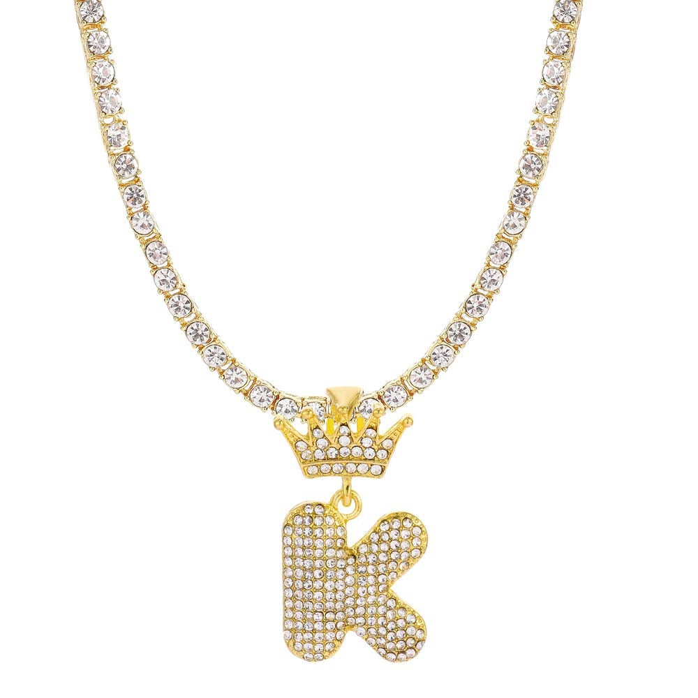 Tennis Chain Crown Letter Pendant Hip Hop Style Custom Initial Necklace Gold Plated-silviax