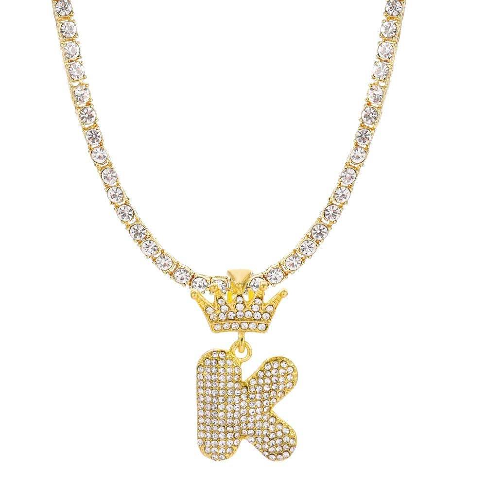 Tennis Chain Crown Letter Pendant Hip Hop Style Custom Initial Necklace Gold Plated-silviax