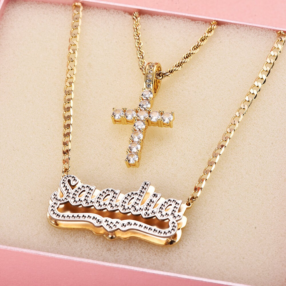 Cross Pendant Necklace and Double Plate Two Tone with Heart Personalized Custom Name Necklace Set-silviax