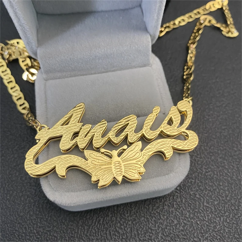 Butterfly Nameplate Double Layer Gold Plated Personalized Custom 3D Name Necklace