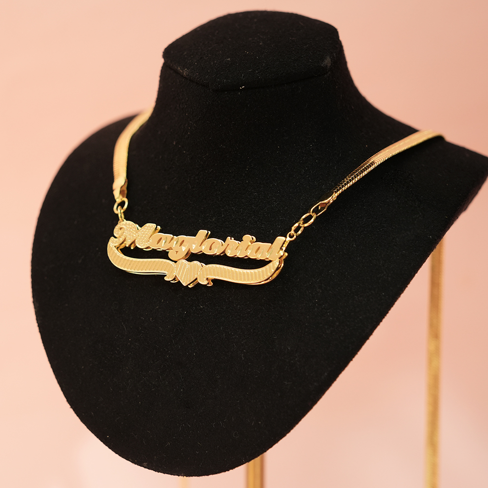 Snake Chain Double Layer Heart Nameplate Pendant Personalized Custom Gold Plated Name Necklace -silviax
