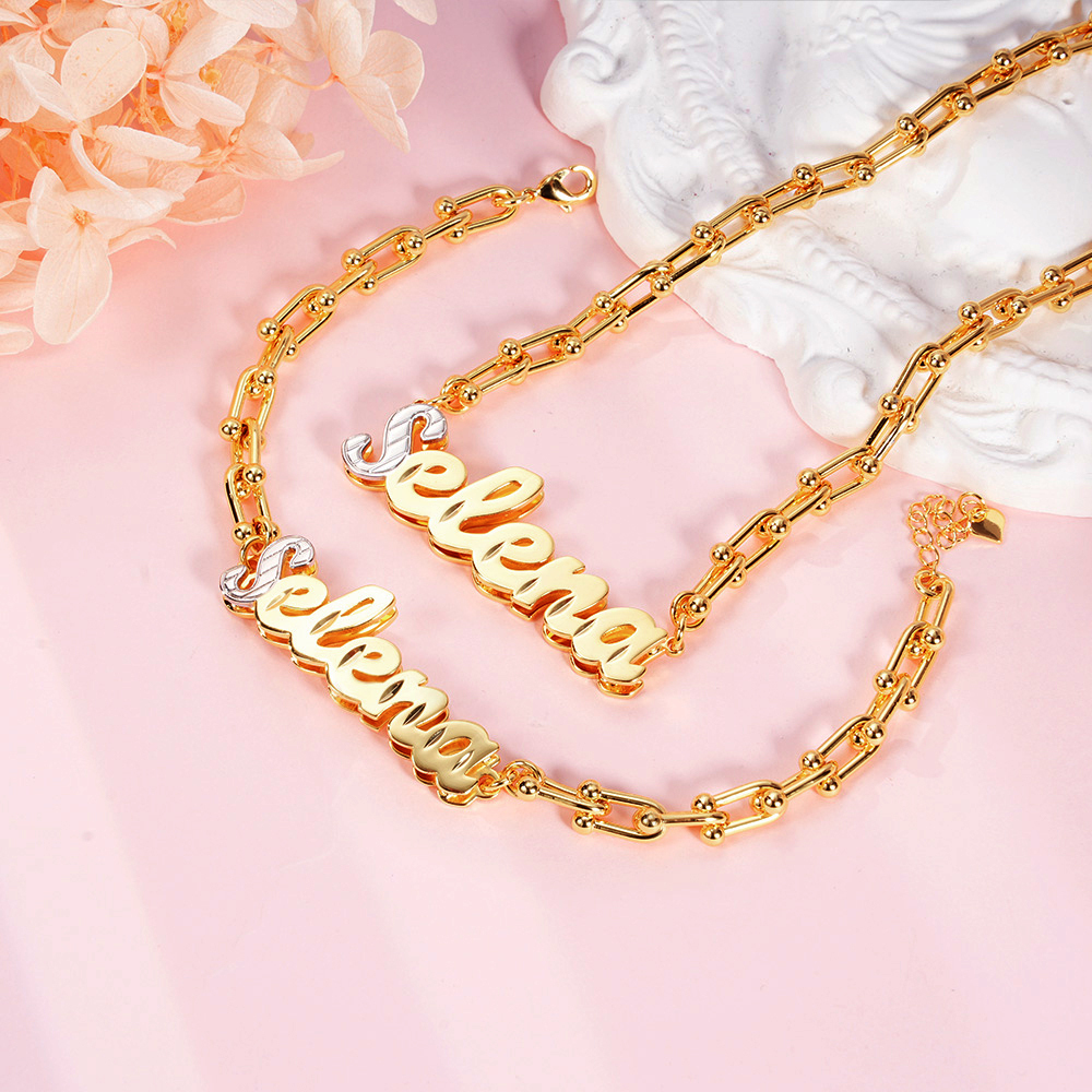 U Link Chain Two Tone Personalized Custom Set Name Necklace And Bracelet-silviax