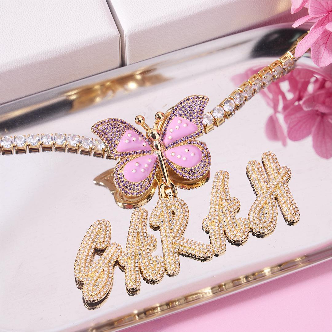 Custom Butterfly Nameplate Pendant 2-6 Letters Initial Name Necklace