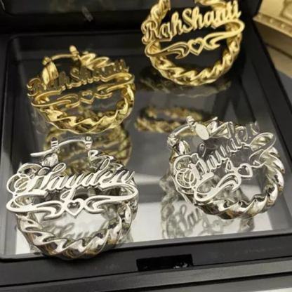 Initial Hoop Earrings with Heart Personalised Custom Gold Plated Bamboo Name Earrings 40mm-silviax