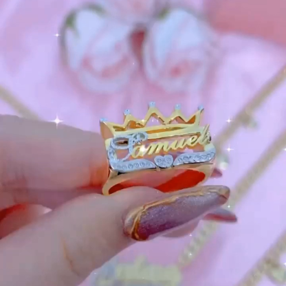 Crown Heart Two Tone Personalized Custom Gold Plated Name Ring