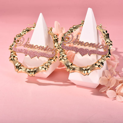 Pink Color Nameplate with Heart Personalized Custom Bling Bamboo Name Earrings Mother Gift-silviax