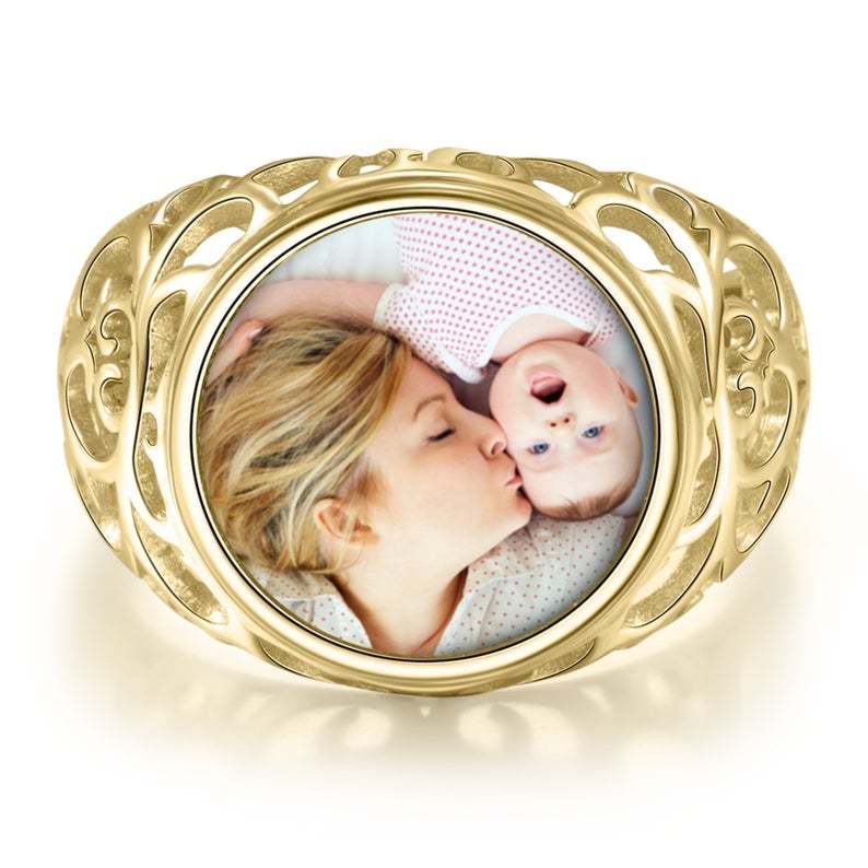 Round Photo Engraved Name Personalized Custom Gold Plated Photo Ring-silviax