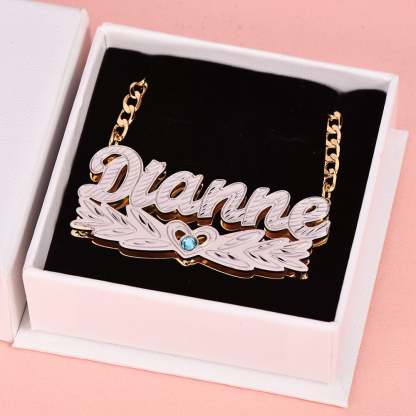 Double Layer Two Tone Wing Heart Nameplate with Birthstone Personalized Custom Gold Plated Name Necklace-silviax
