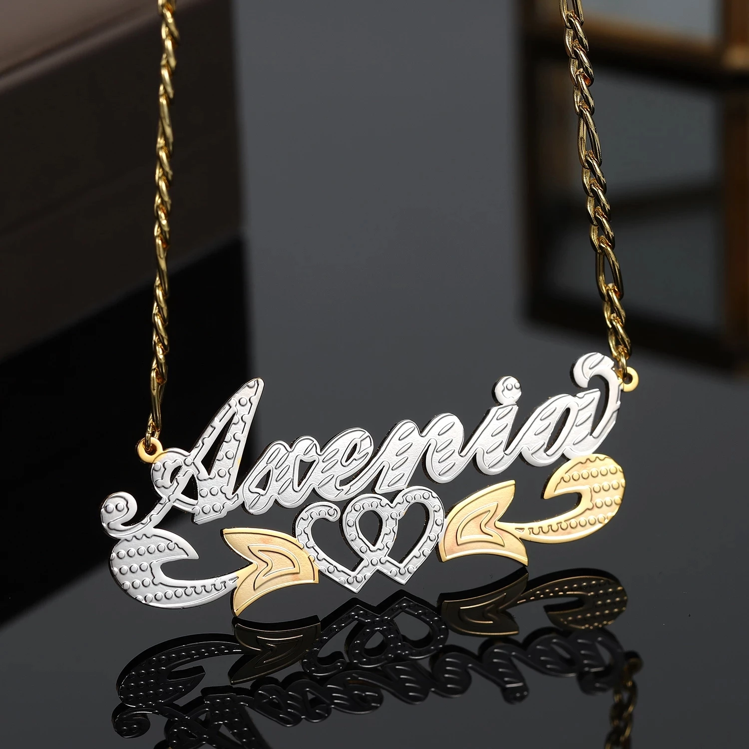 Two Tone Two Hearts Personalized Custom Gold Plated Name Necklace Gift For Women