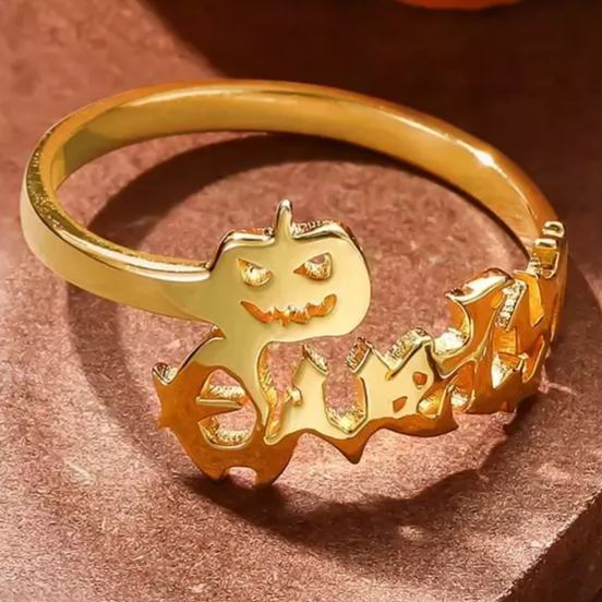 Halloween Pumpkin Gold Plated Personalized Custom Old English Font Name Ring