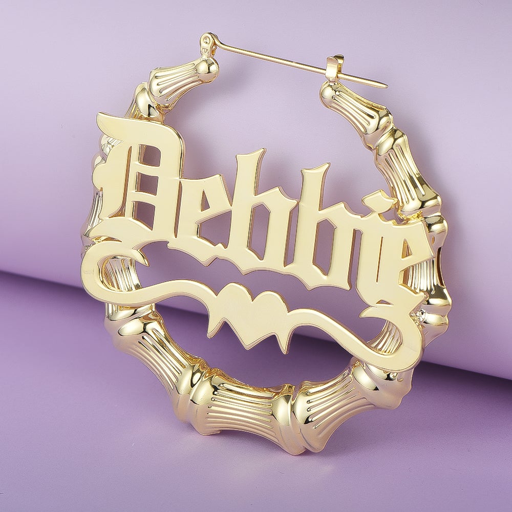 Gold Plated Personalized Old English Hoop Bamboo Name Earring with Heart-silviax