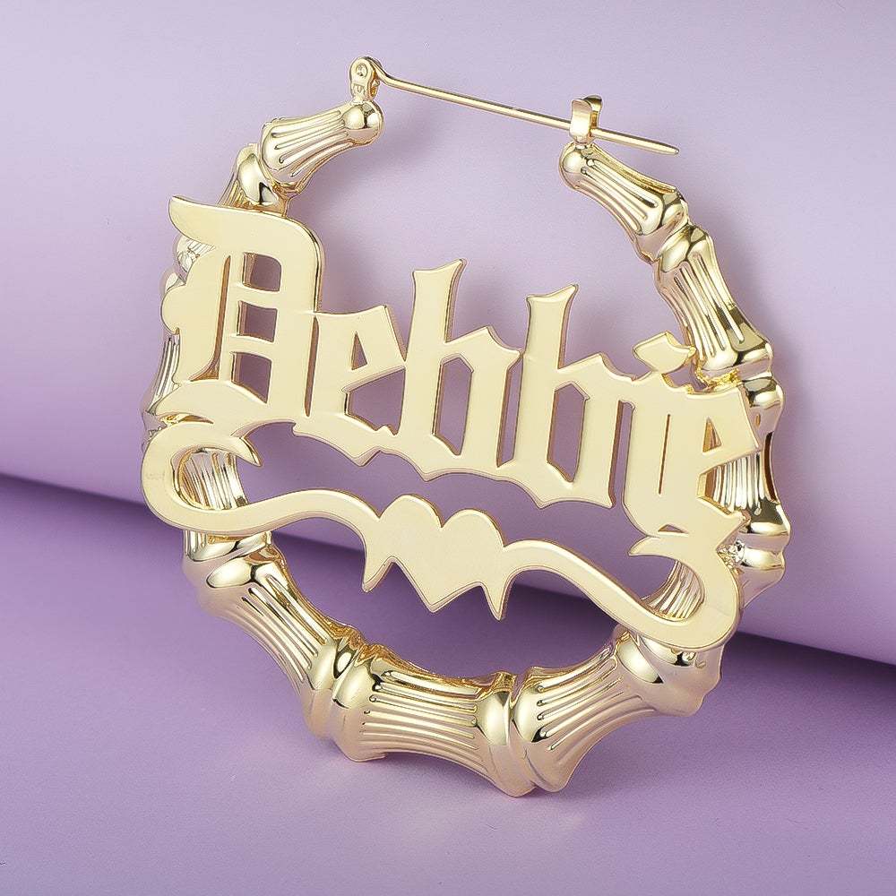 Gold Plated Personalized Old English Hoop Bamboo Name Earring with Heart-silviax