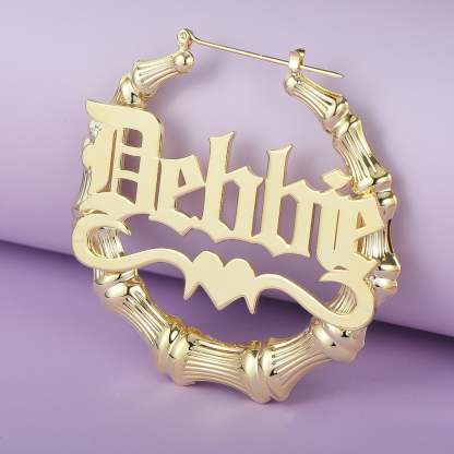 Gold Plated Personalized Old English Hoop Bamboo Name Earring with Heart-silviax