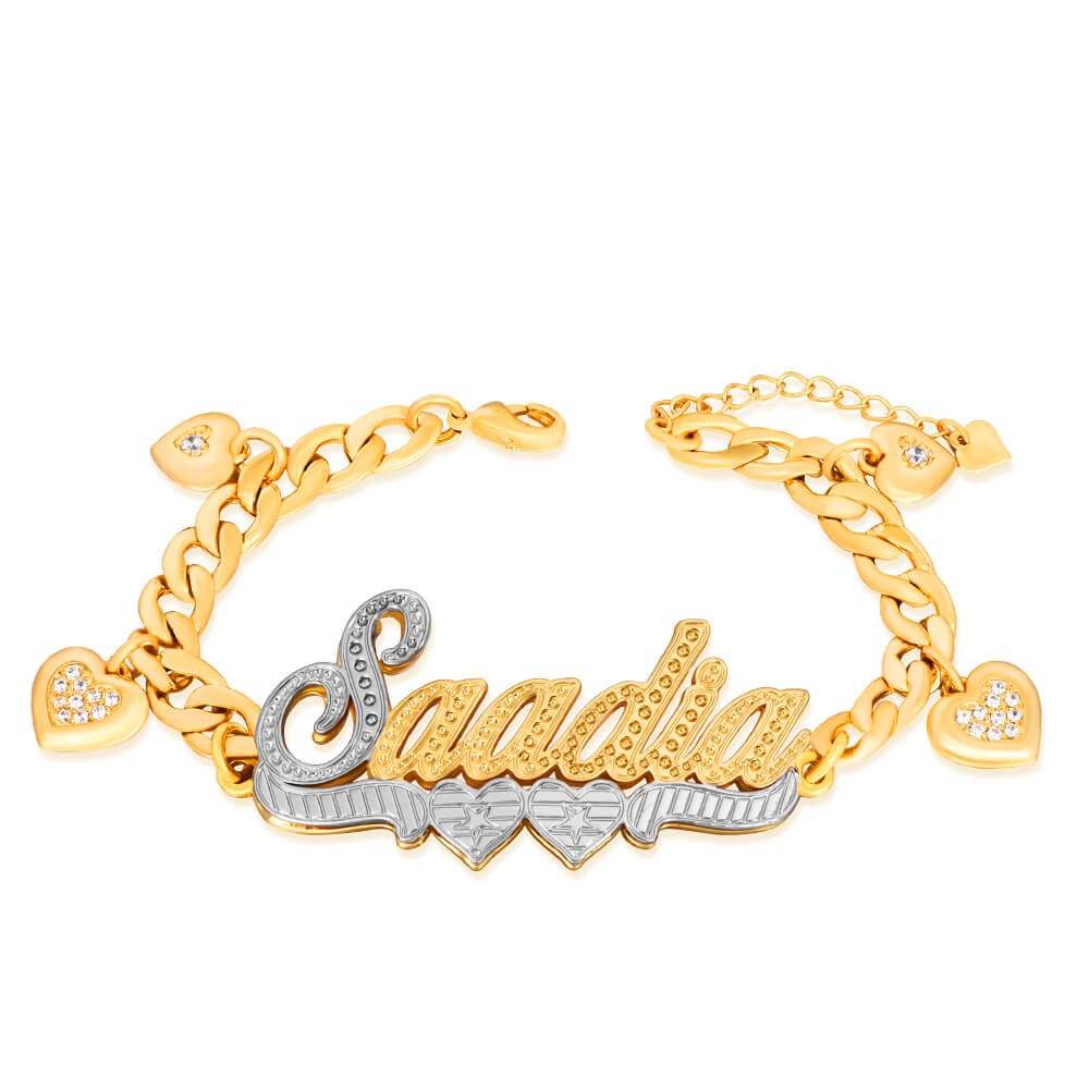 Double Layer Two Tone Two Hearts Nameplate Cuban Chain With Heart Personalized Custom Name Bracelet-silviax