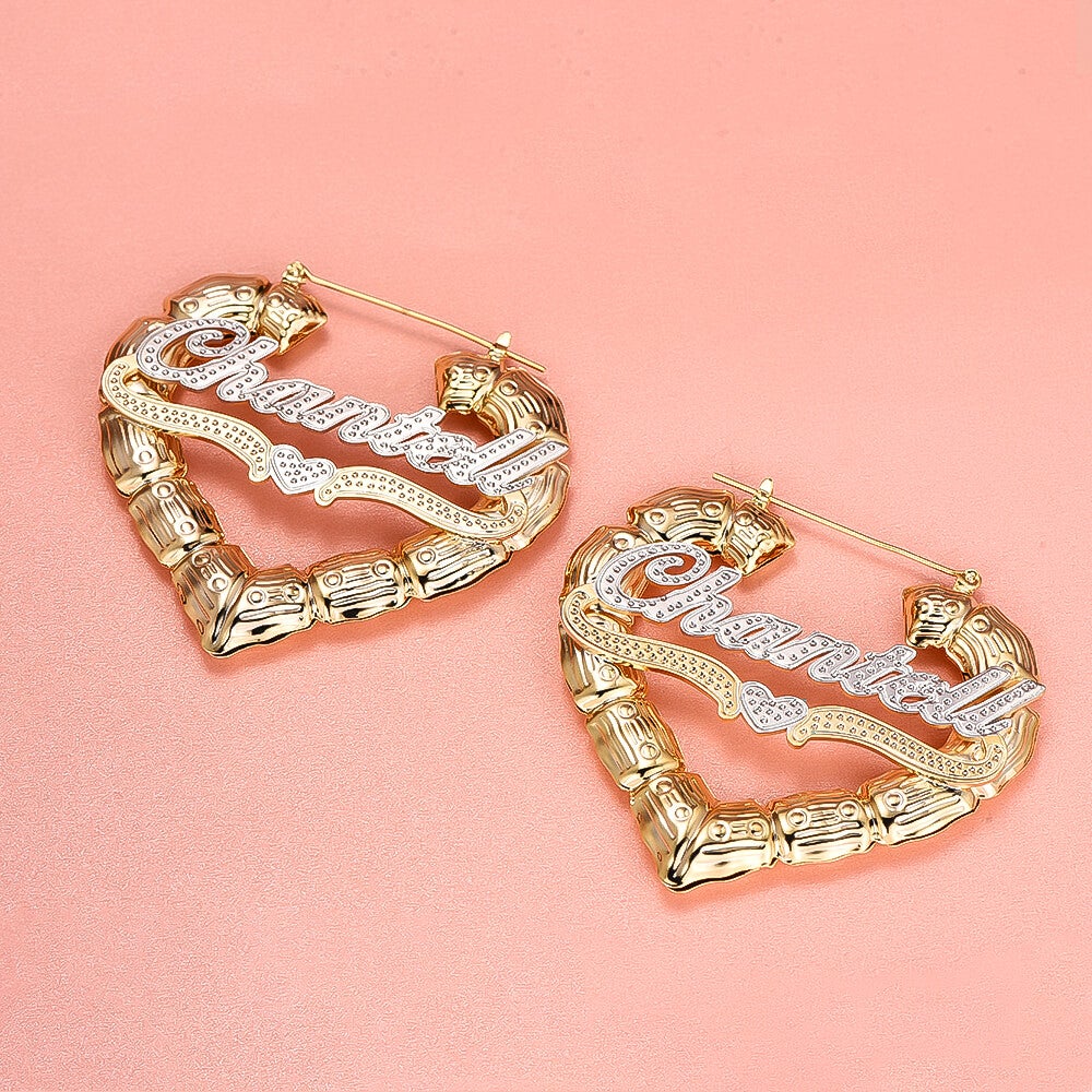 Two Tone Heart Personalized Custom Heart Shaped Bamboo Hoop Gold Plated Name Earrings-silviax