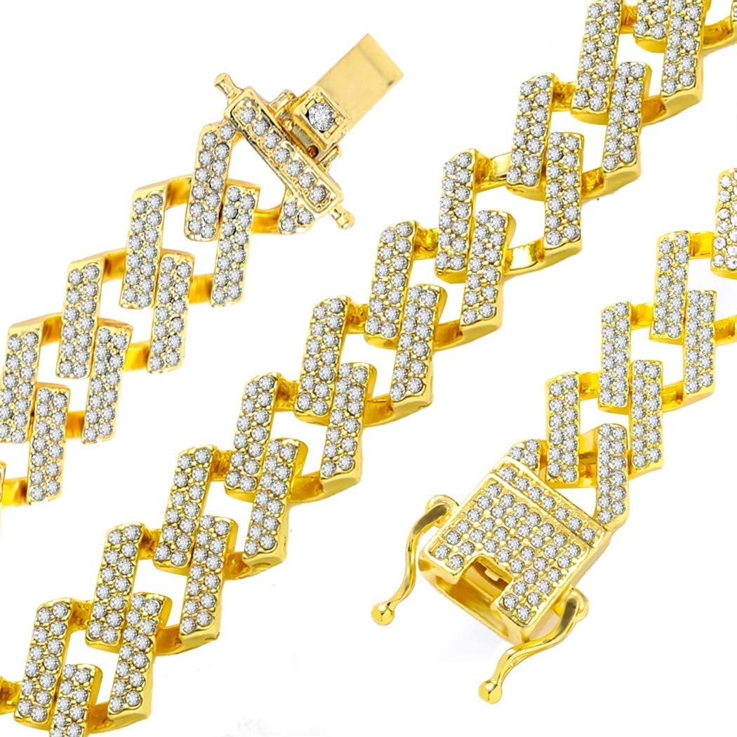 13mm Cuban Link Chain Iced Out Bling Hip Hop Prong Necklace Gold Plated Rhinestone Clasp Jewelry