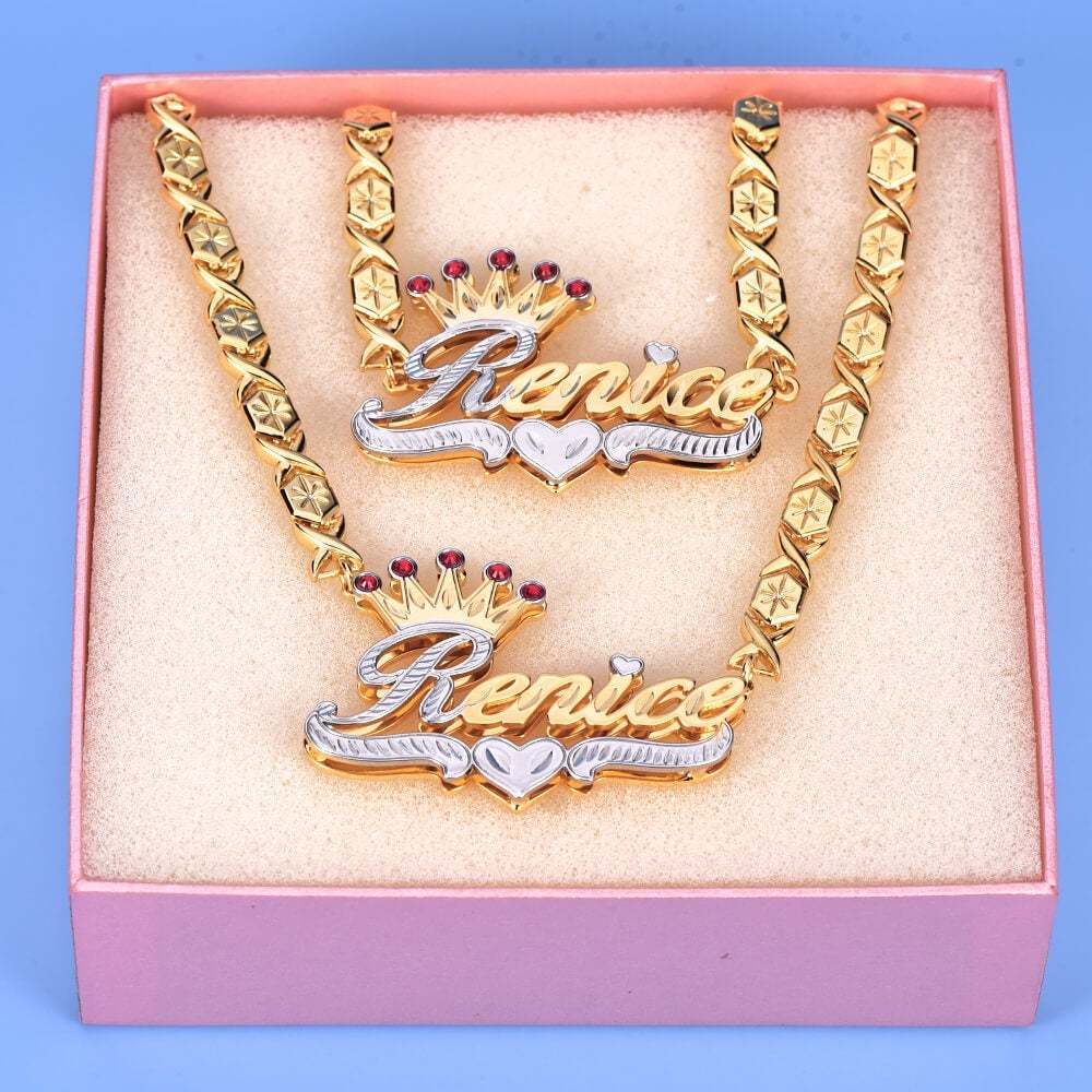 Ruby Crown and Heart Personalized XOXO Name Necklace Bracelet Set-silviax