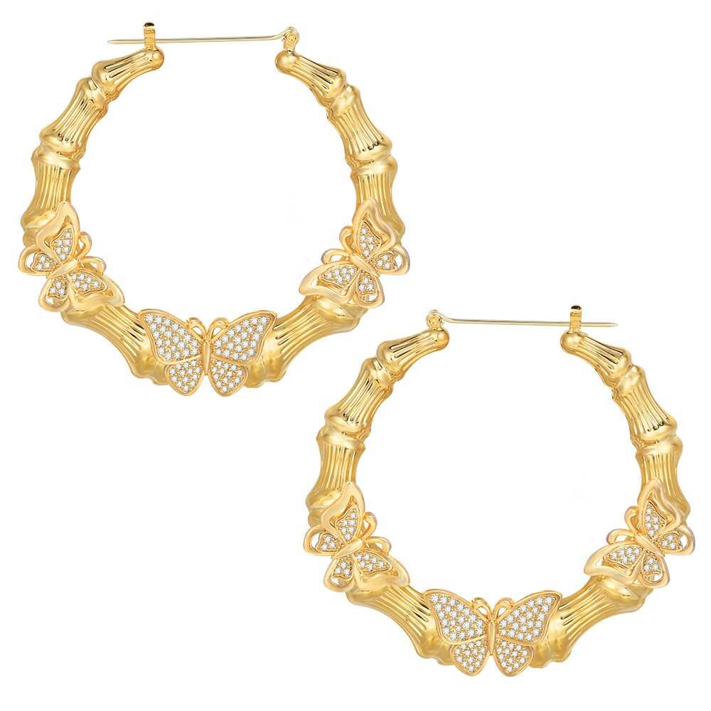 Bamboo Hoop With Butterfly Gold Plated Earrings 30mm/60mm Women Gift-silviax