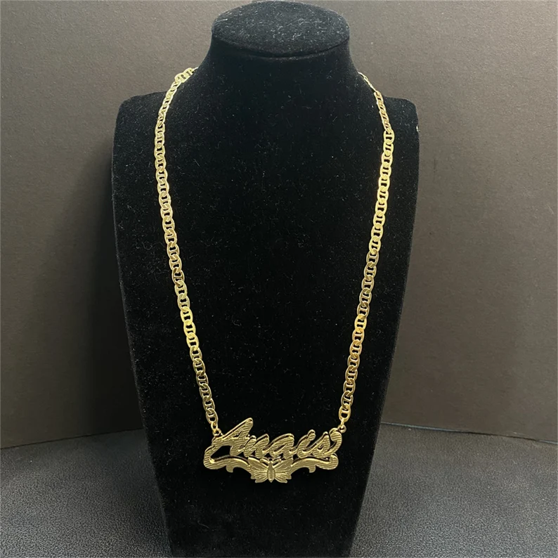 Butterfly Nameplate Double Layer Gold Plated Personalized Custom 3D Name Necklace-silviax