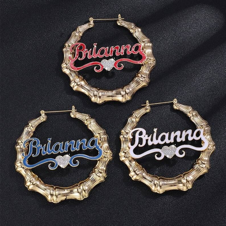 Color Enamel Nameplate with Inlaid Zircon Heart Personalized Custom Gold Plated Bamboo Hoop Name Earrings-silviax