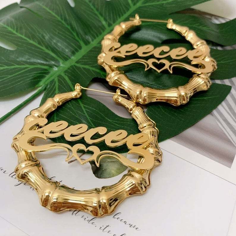 Bamboo Hoop with Heart Personalized Custom Name Earrings Gold Plated-silviax