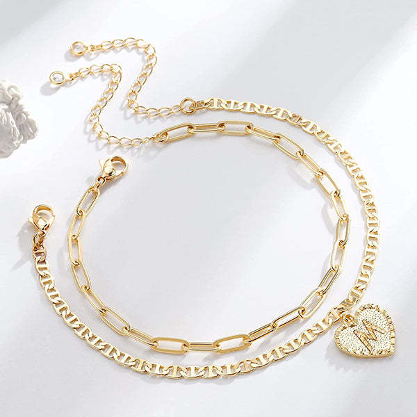 Personalized Double Layer Engraved Letter Initial Heart Anklets with Link Chain-silviax