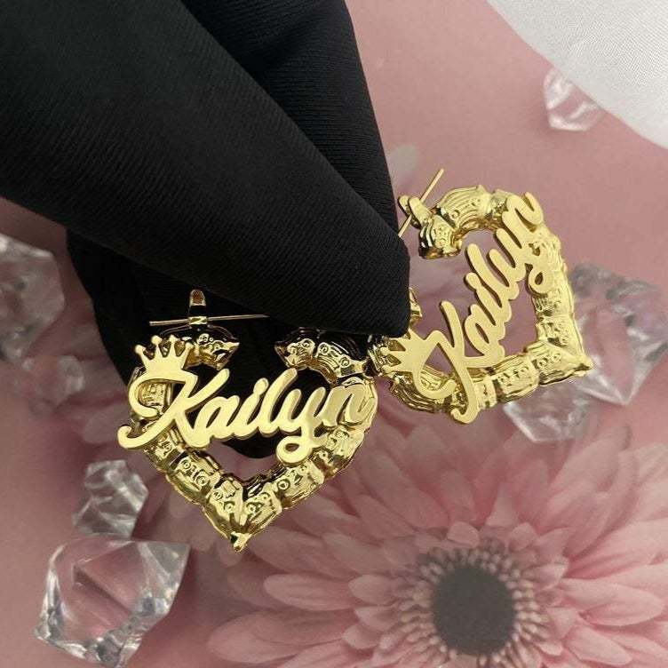 Heart Bamboo Hoop Crown Nameplated Personalized Custom Gold Plated Name Earrings-silviax