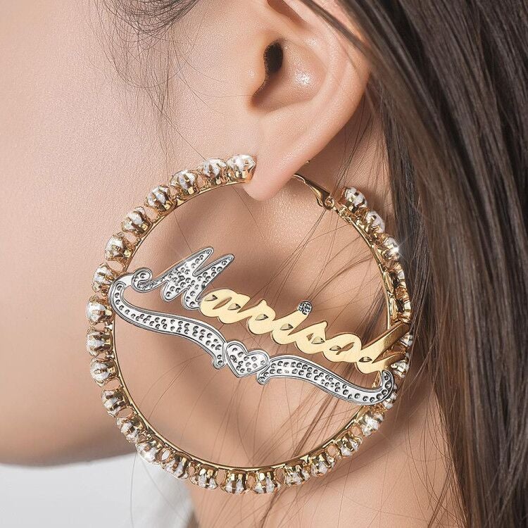Two Tone Gold Plated Personalized Hoop Name Earrings-silviax