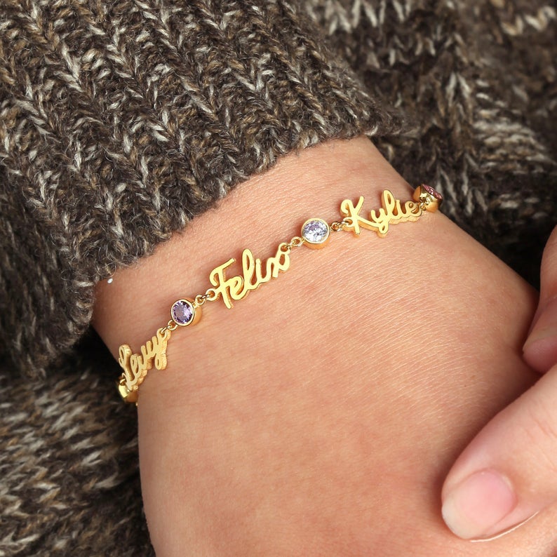 2 To 4 Names with Birthstone Personalized Custom Gold Plated  Name Bracelet-silviax